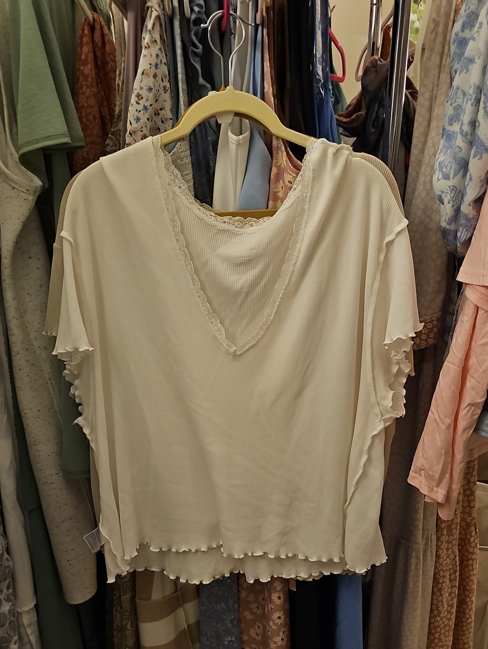 Women's White V-Neck Lace Trim Top